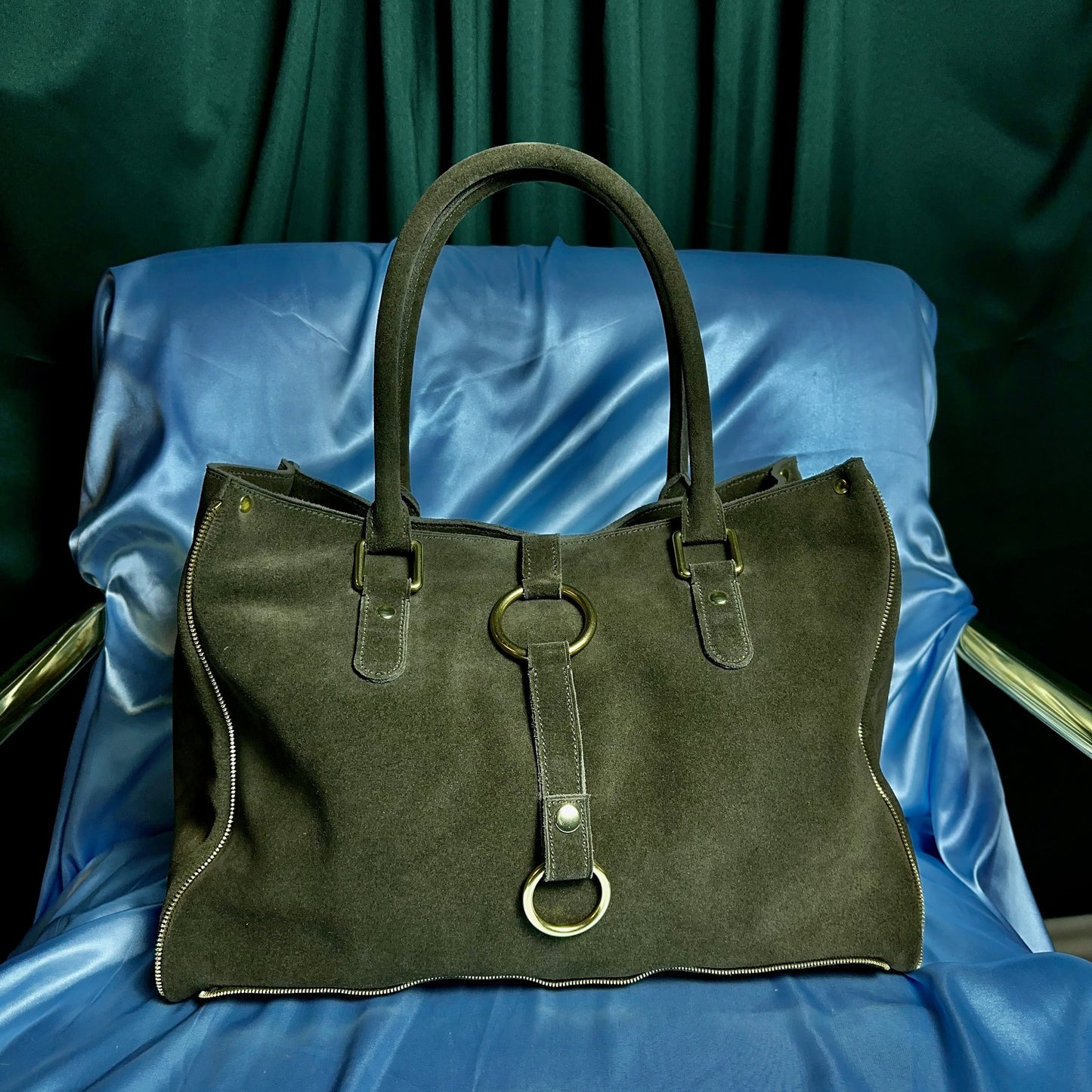 item no.7: zippers and rings green suede tote bag