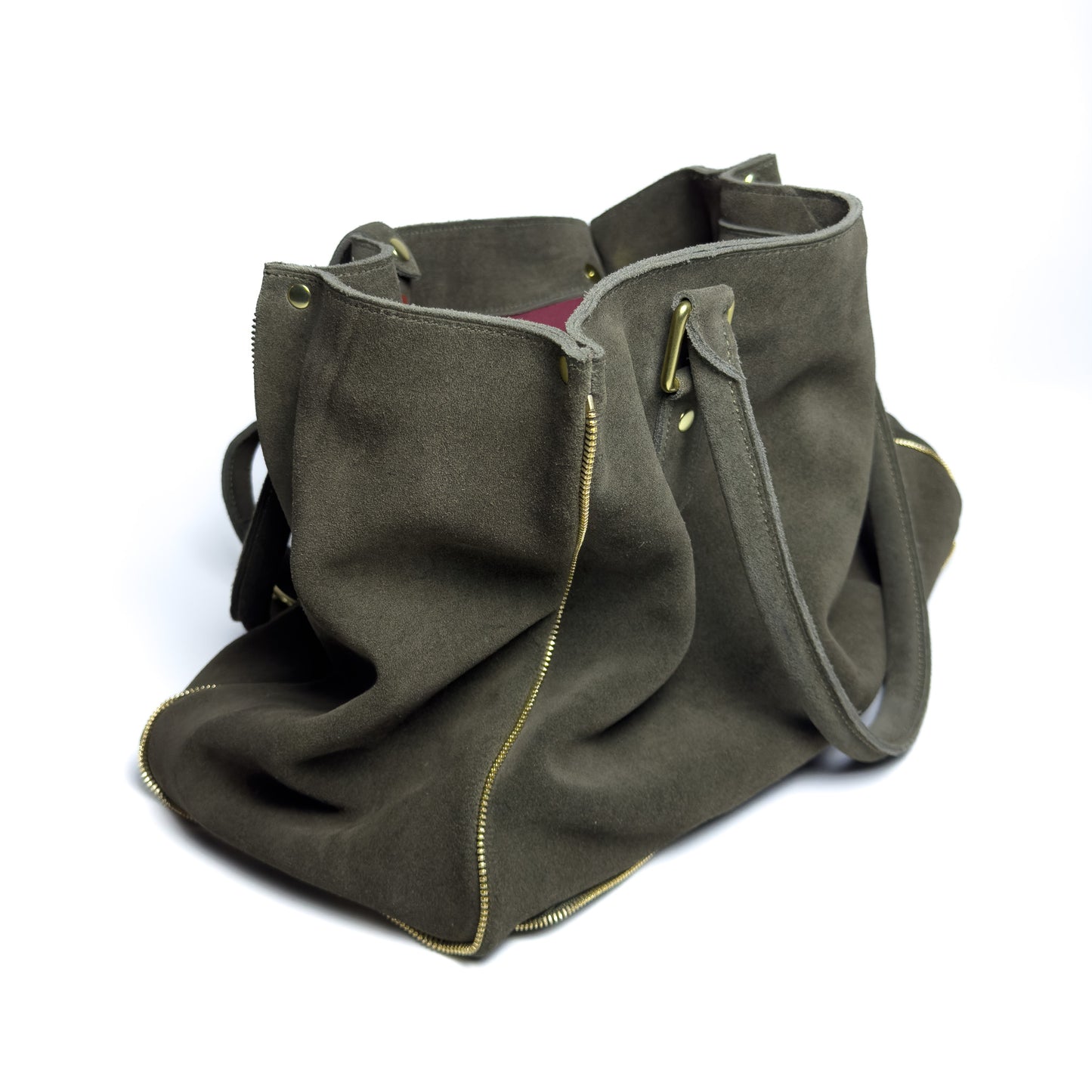 item no.7: zippers and rings green suede tote bag