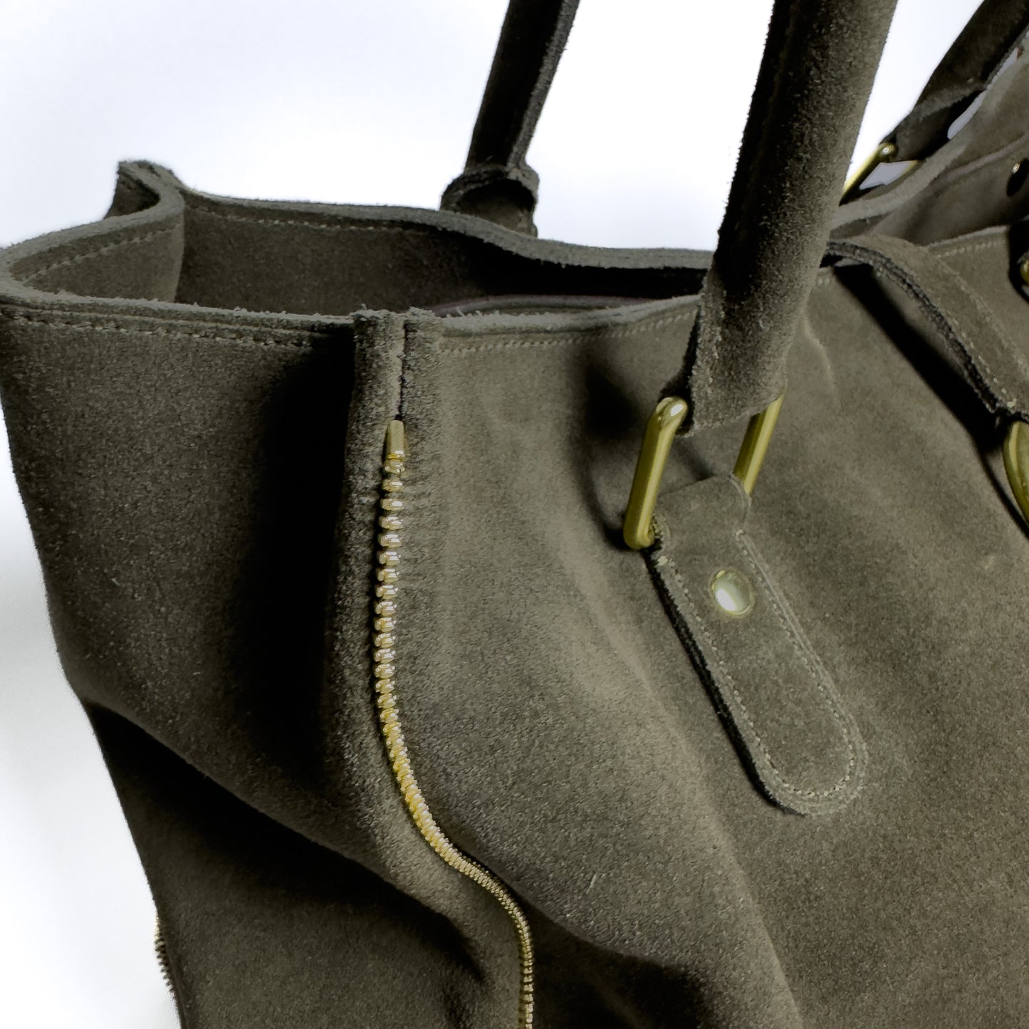 item no.7: zippers and rings green suede tote bag