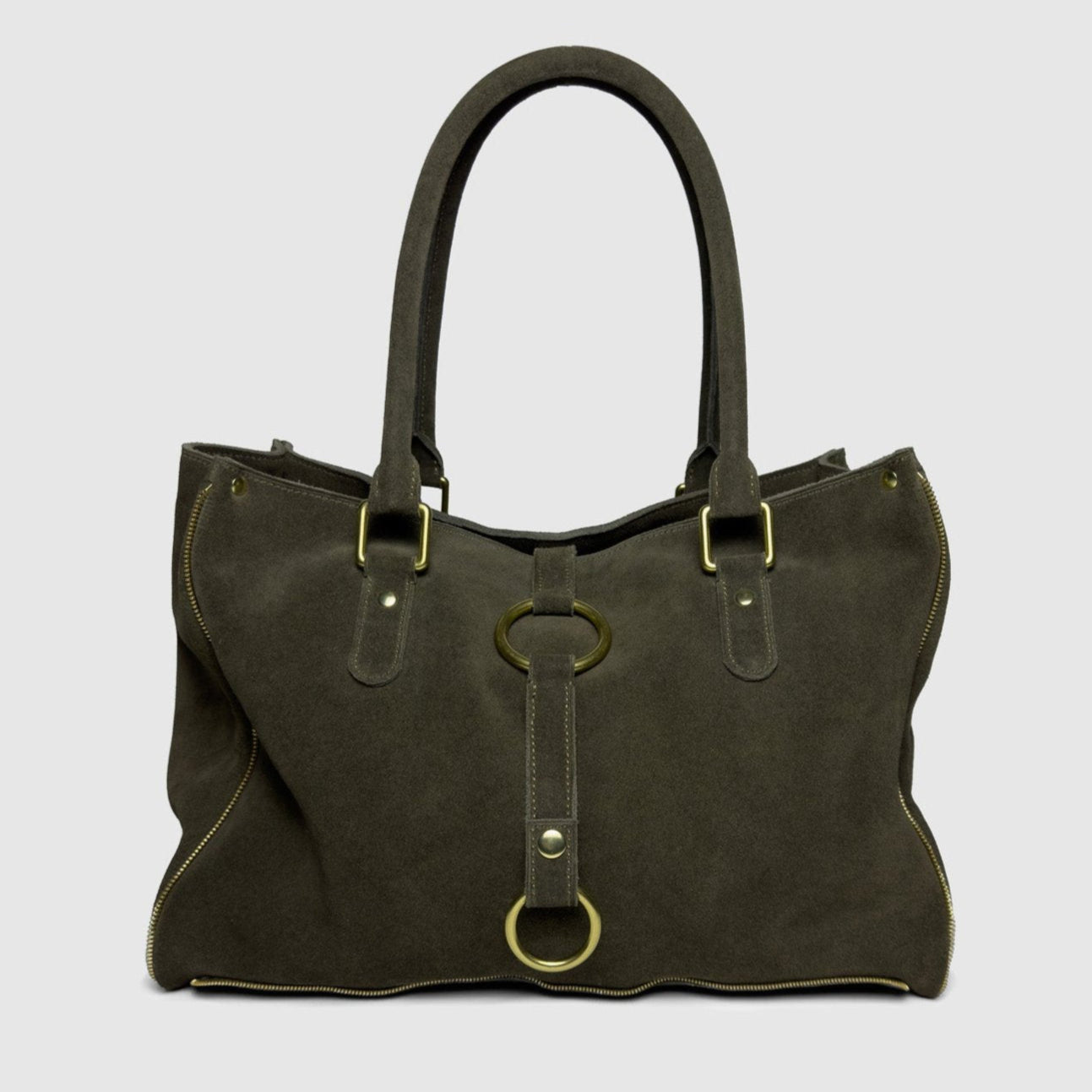 item no.7: zippers and rings green suede tote bag
